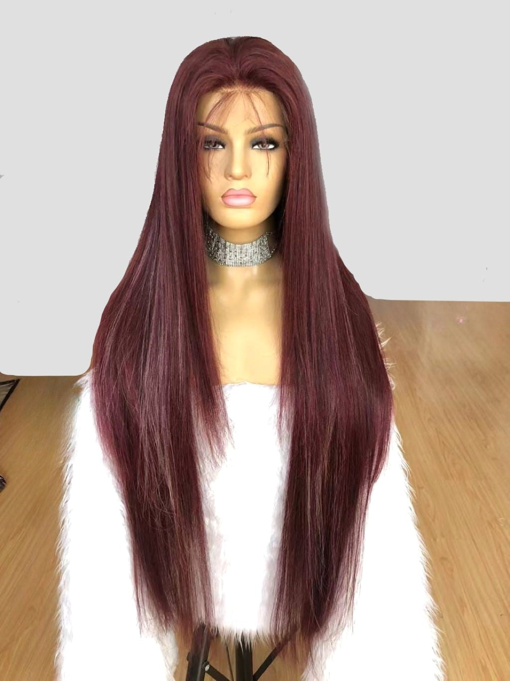 Custom Full Lace European Wine with HL Straight Layered Human Hair Silk Top Wig