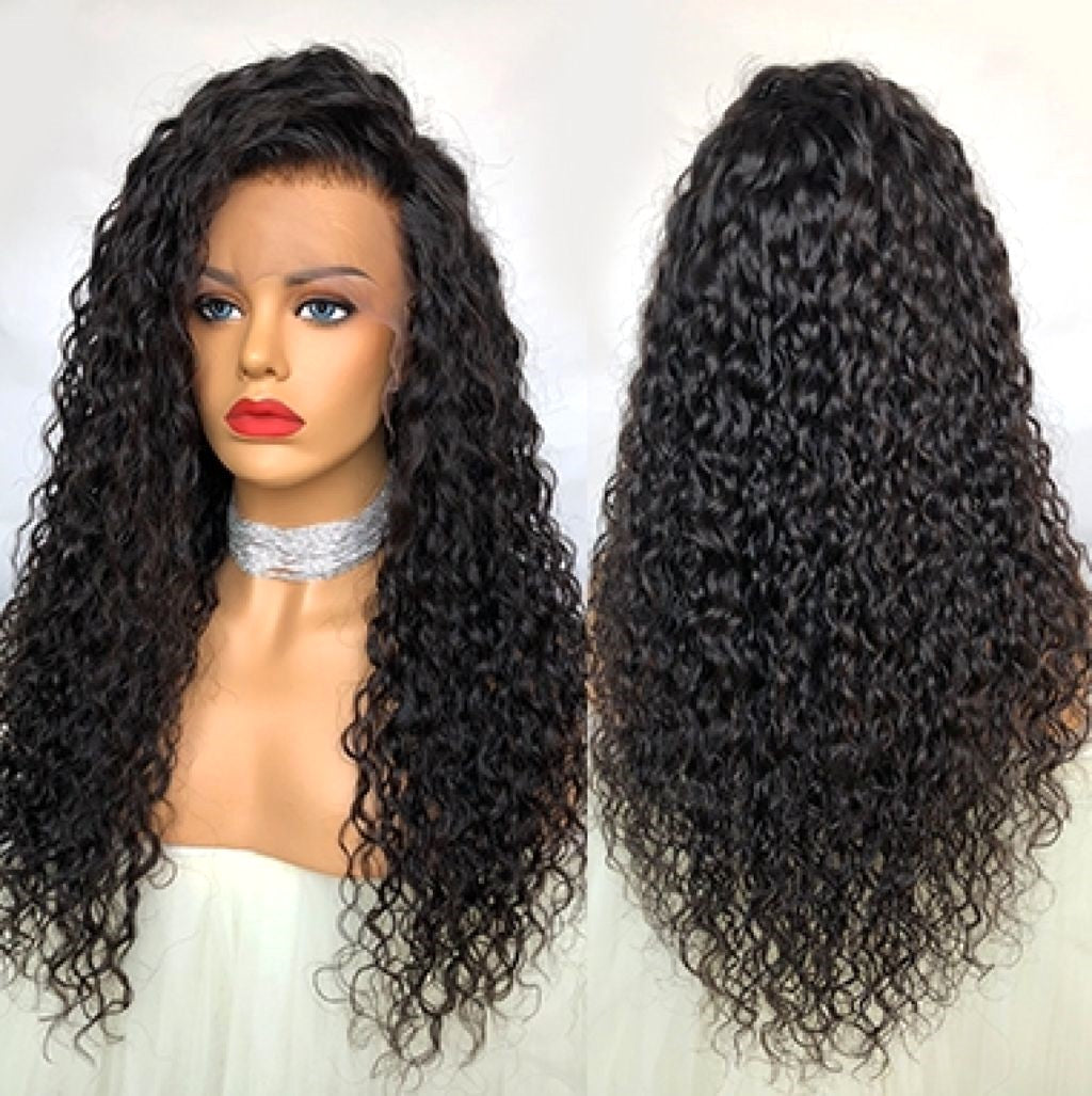 Copie de Copie de Custom 13 x 6 Dentelle Frontale Brésilienne Naturel Noir 15mm Curl Perruque de Cheveux Humains 18" 150% Densité