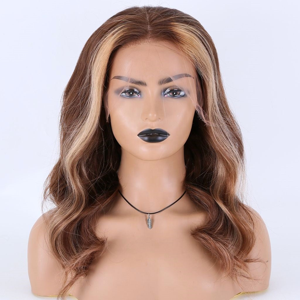 Stock Lace Front European Rooted Brown/Blonde Balayage Body Wave Human Hair Wig