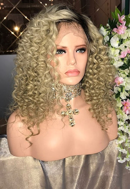 Custom Lace Front Brazilian Blonde Ombre Curly Human Hair Wig