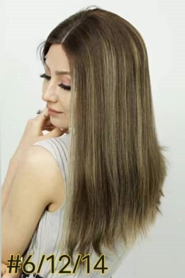 Stock Lace Top European Dark Roots #6/12/14 Highlights Straight Layered Human Hair Jewish Wigs 20-25" 130% Density