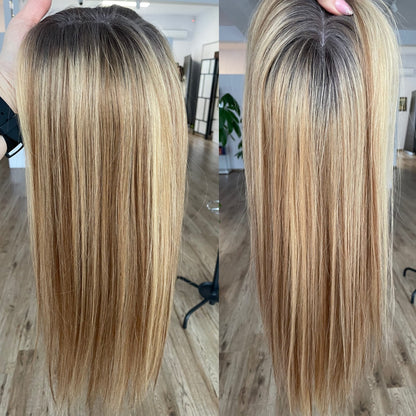 Stock European Rooted Blonde Blend Ombre with HL Human Hair Silk Topper