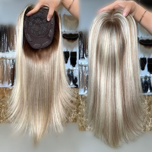 Stock European Rooted Blonde with HL Straight Human Hair Silk Top Toppers