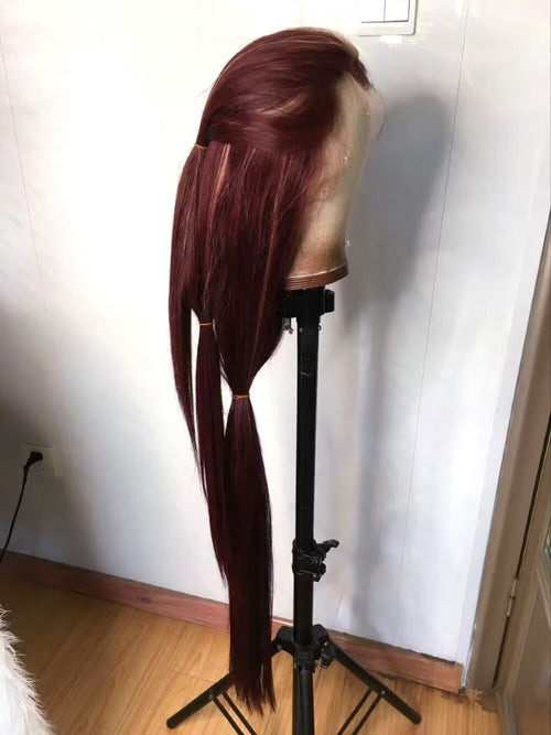 Custom Full Lace European Wine with HL Straight Layered Human Hair Silk Top Wig