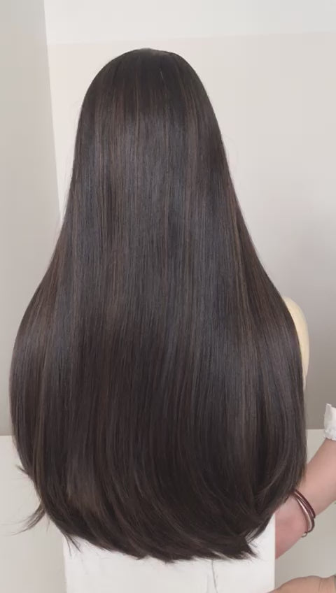 Stock European Dark Brown with HL Straight Small Layer Silk Top Jewish Wig