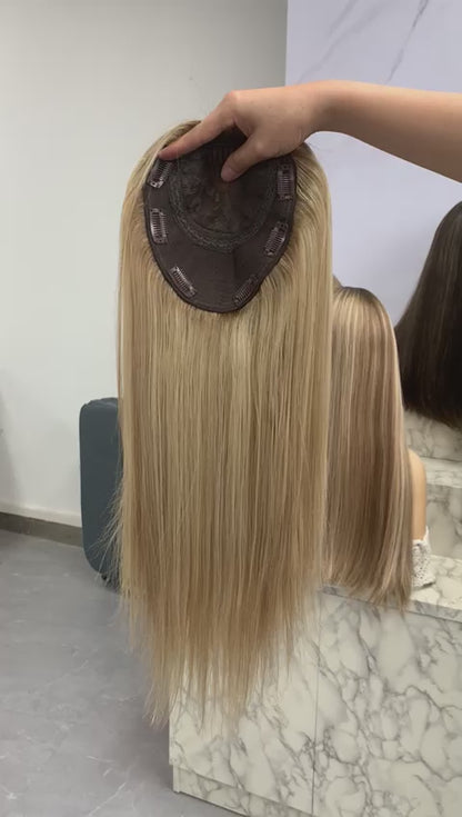 מלאי אירופאי צמיחה מחודשת חום Balayage טבעי ישר כפול מצויר טופ שיער אדם 18 אינץ' עם טופ משי 130% צפיפות