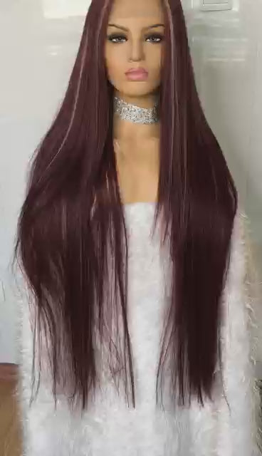 Custom Full Lace European Wine with HL Straight Layered Human Hair Silk Top Wig