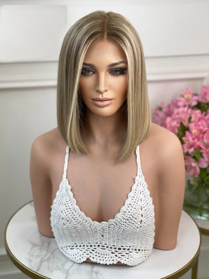 Custom Silk Top European Brown with Highlight Straight Bob Human Hair Wig