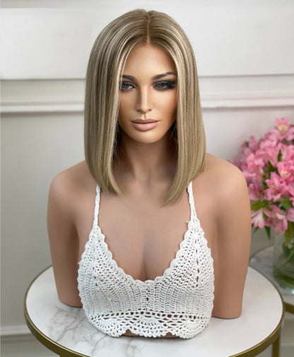 Custom Silk Top European Brown with Highlight Straight Bob Human Hair Wig