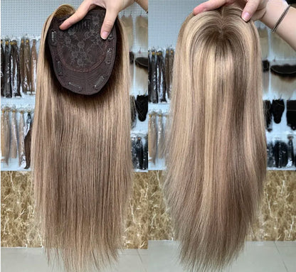 מלאי אירופאי צמיחה מחודשת חום Balayage טבעי ישר כפול מצויר טופ שיער אדם 18 אינץ' עם טופ משי 130% צפיפות