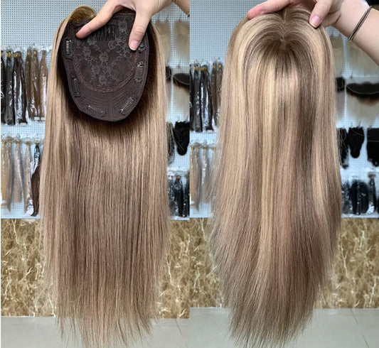 Stock European Regrrow Brown Balayage Natural Straight Double Drawn Human Hair Topper 18" with Silk Top 130% Density