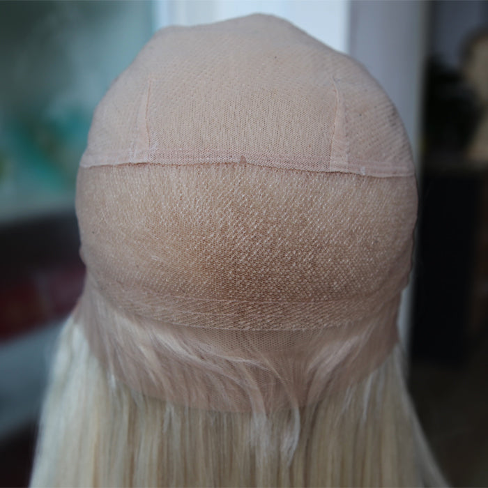 Custom Full Lace European Platinum Blonde Straight Human Hair Silk Top Wigs