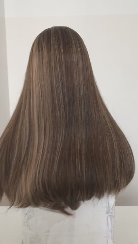 Stock European Chestnut Brown with HL Straight Extra Small Layer Silk Top Jewish Wig