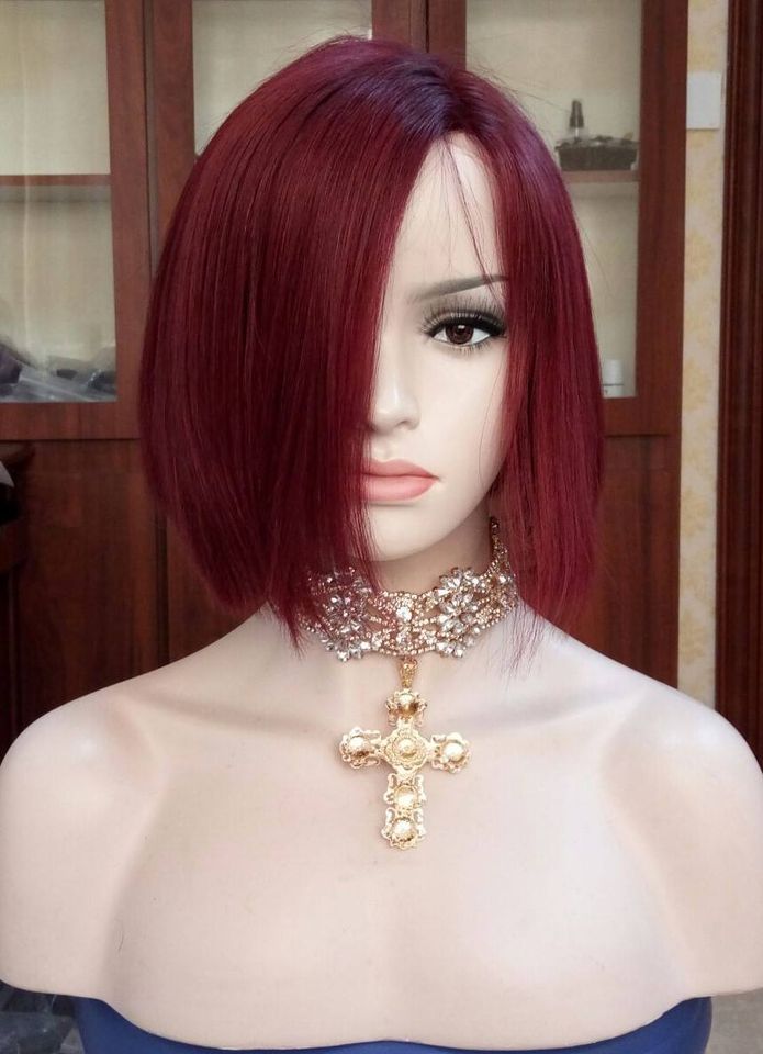 Custom Full Lace Glueless Brazilian Burgundy Straight Bob Human Hair Wig