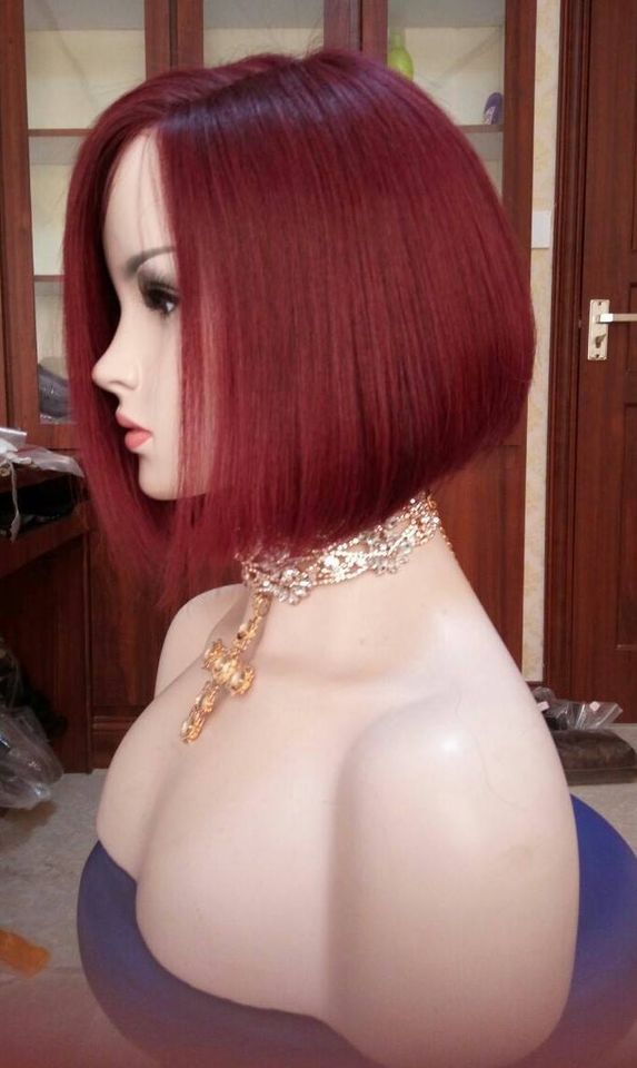 Custom Full Lace Glueless Brazilian Burgundy Straight Bob Human Hair Wig