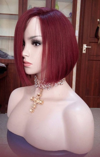 Custom Full Lace Glueless Brazilian Burgundy Straight Bob Human Hair Wig