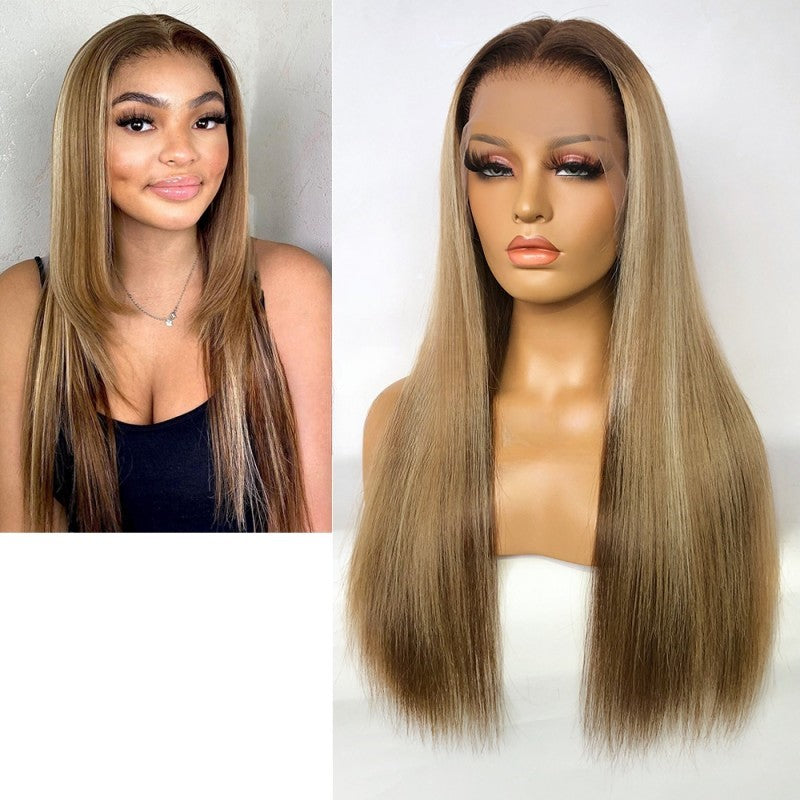 Stock 13 x 6 frontale in pizzo brasiliano Drk. Radici/marrone/biondo mette in evidenza parrucca di capelli umani lisci 20" 150% di densità