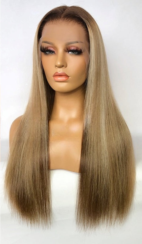 Lager 13 x 6 Spets Frontal Brazilian Drk. Rötter/Brun/Blond Highlights Rakt människohår Peruk 20" 150% densitet