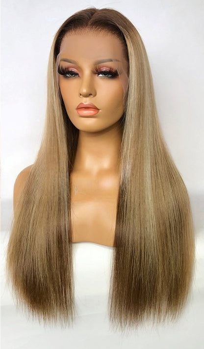 Stock 13 x 6 Lace Frontal Brasilianische Drk. Echthaar-Perücke, 50,8 cm, 150 % Haardichte, Wurzeln/Braun/Blonde Highlights