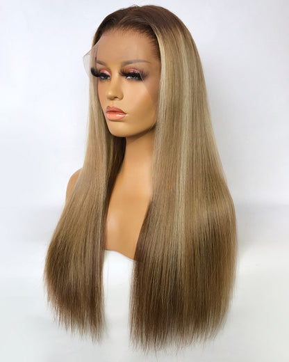 Stock 13 x 6 Lace Frontal Brasilianische Drk. Echthaar-Perücke, 50,8 cm, 150 % Haardichte, Wurzeln/Braun/Blonde Highlights