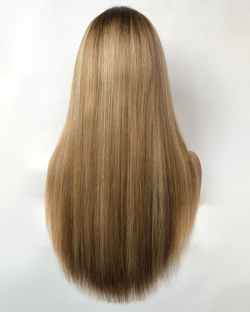 Stock 13 x 6 Lace Frontal Brasilianische Drk. Echthaar-Perücke, 50,8 cm, 150 % Haardichte, Wurzeln/Braun/Blonde Highlights