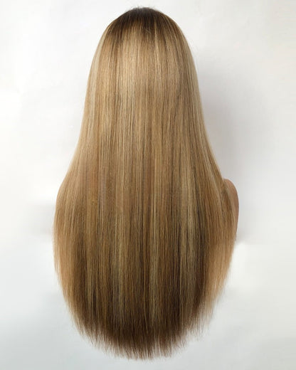 Stock 13 x 6 dentelle frontale brésilien Drk. Roots/Brown/Blonde Highlights Perruque de Cheveux Humains Raides 20" 150% Densité