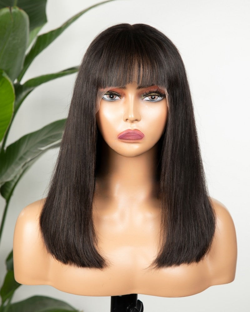 Lace Front Brazilian Natural Color Straight Human Hair Wig with Front Bang