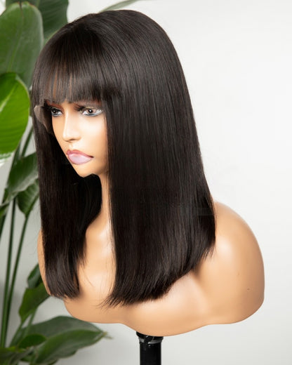 Lace Front Brazilian Natural Color Straight Human Hair Wig with Front Bang