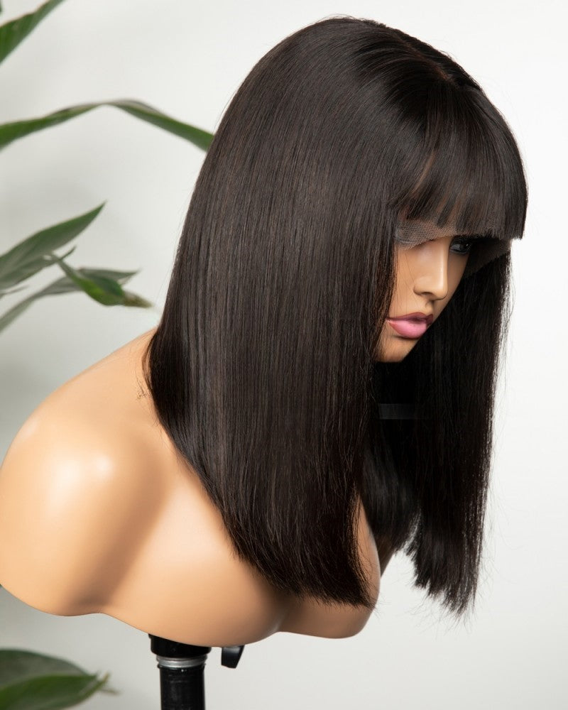 Lace Front Brazilian Natural Color Straight Human Hair Wig with Front Bang