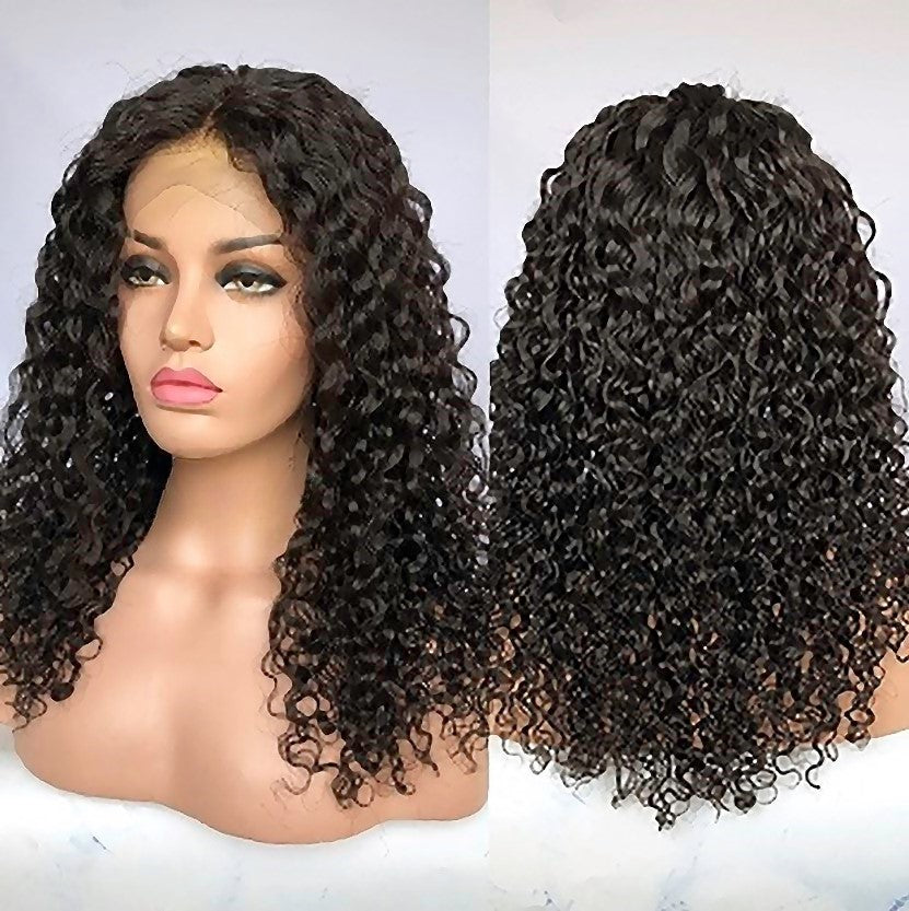 Peruca de cabelo humano 13 x 6 rendas frontal brasileira natural preta 15mm cachos 18" 150% densidade