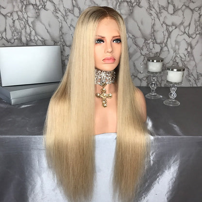 Custom Lace Front Brasilianische Dirty Blonde mit Dark Roots Straight Echthaarperücke 26" 150% Dichte