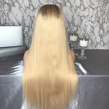 Custom Lace Front Brasilianische Dirty Blonde mit Dark Roots Straight Echthaarperücke 26" 150% Dichte