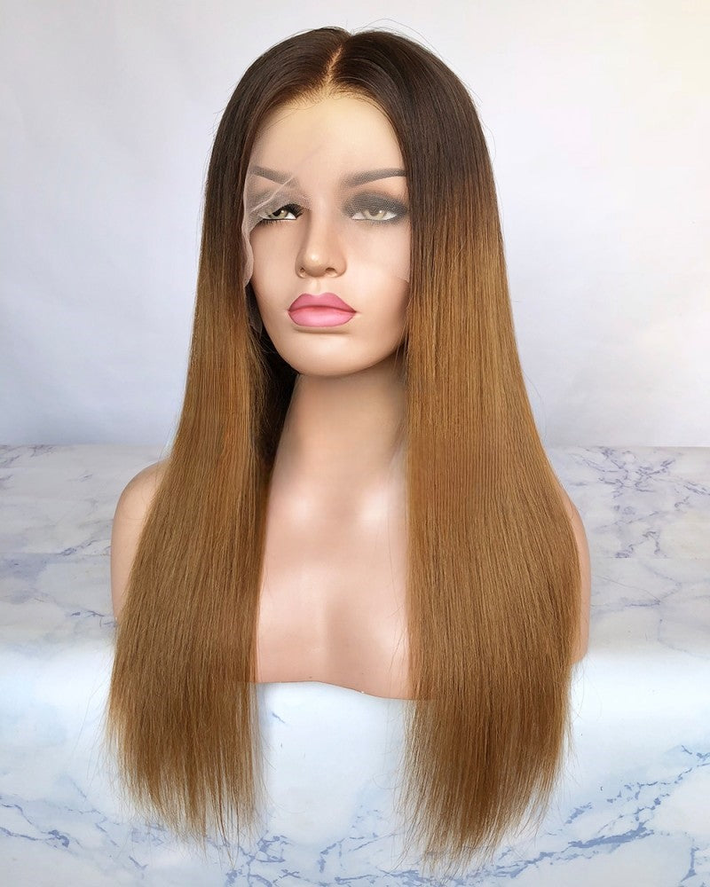 Lager 13 x 6 blonder frontal brasiliansk T4/27A Ombre rett menneskehår parykk 18" 130 % tetthet