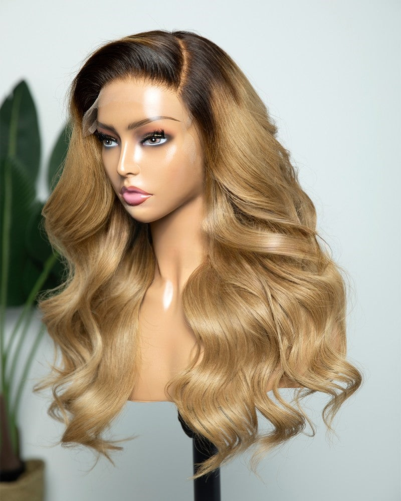 מלאי 13 x 6 תחרה שורשים כהים ברזילאים בחזית/בלונדינית Ombre גלי שיער אדם פאות 18 אינץ' 150% צפיפות