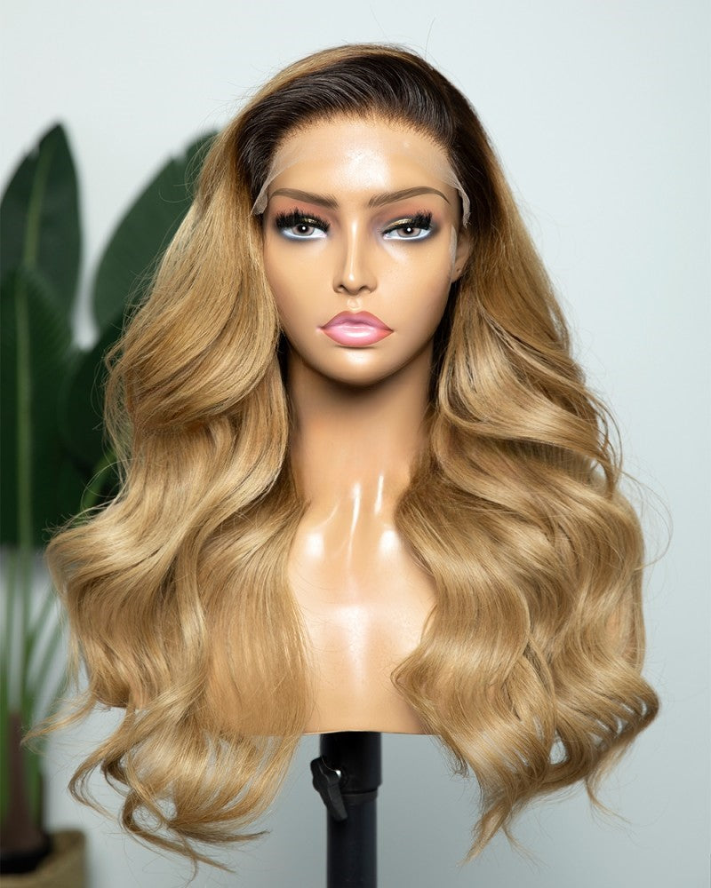 מלאי 13 x 6 תחרה שורשים כהים ברזילאים בחזית/בלונדינית Ombre גלי שיער אדם פאות 18 אינץ' 150% צפיפות