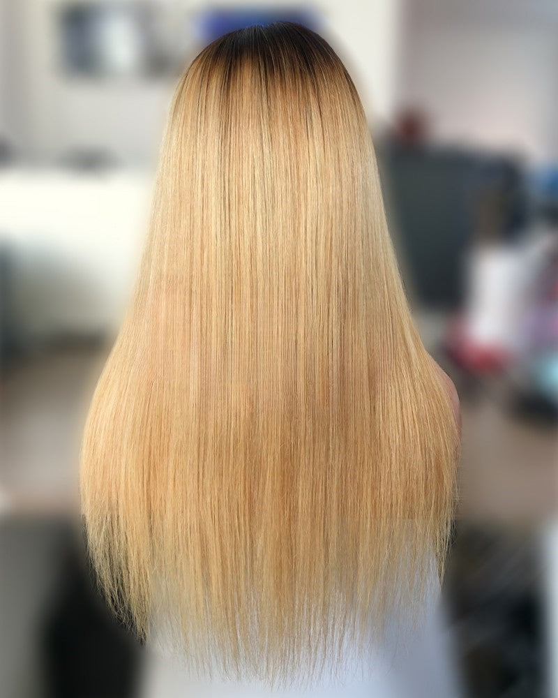 Lager 13 x 6 blonder frontal brasiliansk naturlig farge/27 ombre rett menneskehår Parykker 18" 130 % tetthet