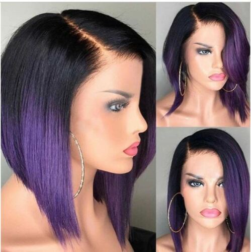 Benutzerdefinierte Full Lace Glueless Brasilianische #1B/Purple Ombre Echthaarperücke 12" 150% Dichte