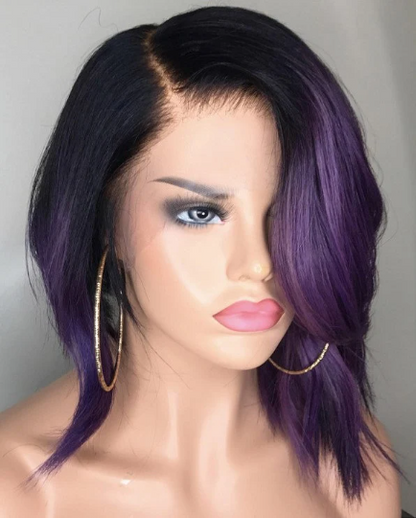 Benutzerdefinierte Full Lace Glueless Brasilianische #1B/Purple Ombre Echthaarperücke 12" 150% Dichte