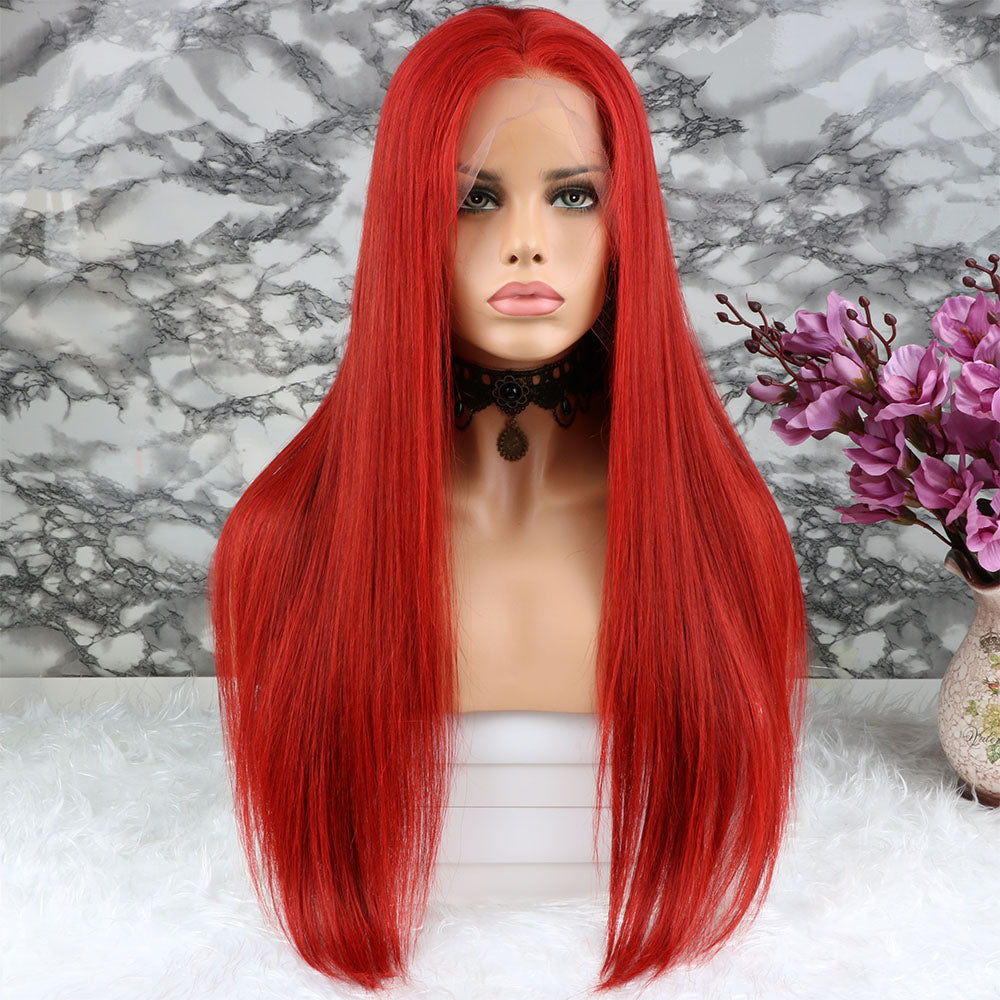 Custom Lace Front Brazilian Red Silky Straight Human Hair Wig