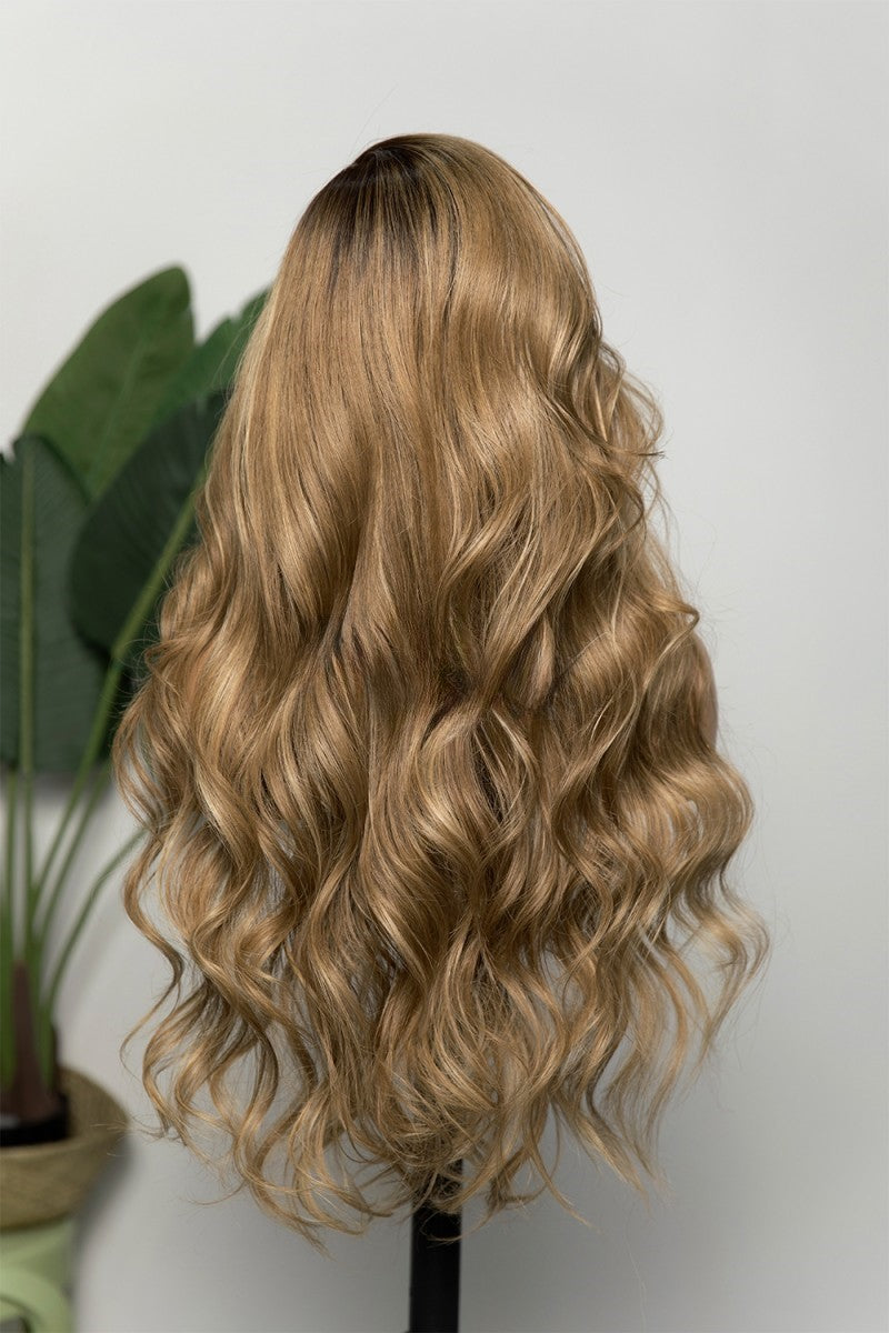 Parrucca di capelli umani ondulati con radici scure 13 x 6 frontali in pizzo brasiliano marrone/biondo con riflessi 22" densità del 150%