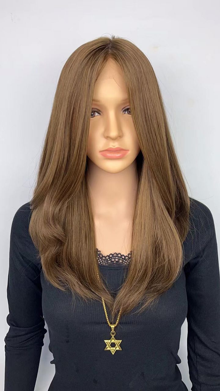 Stock Lace Front Brazilian Ash Brown Blend Straight Layer Silk top Jewish Wig