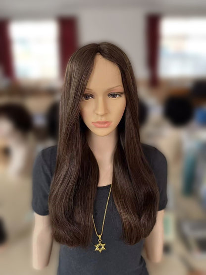 Stock Mongolian Medium Brown Straight Slight Layer Silk Top Jewish Wig