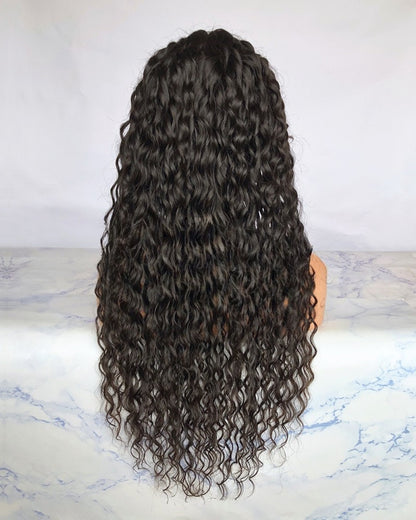 Kopie der Kopie der benutzerdefinierten 13 x 6 Lace Frontal Brasilianisches Naturschwarz 15 mm Locken Echthaarperücke 18 "150% Dichte