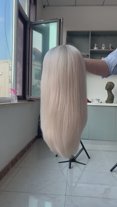 Stock Full Lace European Rooted White Blonde Straight Human Hair Mono Top Wig