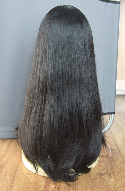 Stock European Natural Color #2 Straight Light Layer Human Hair Jüdische Perücke 26" mit Seidenoberteil