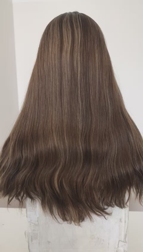 Stock European Chestnut Brown with HL Straight with Wave Small Layer Silk Top Jewish Wig
