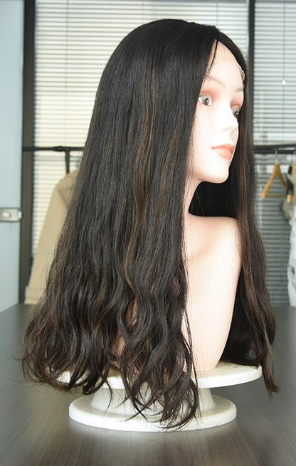 Stock Lace Front European Brown Blend with HL Wavy Layer Silk Top Jewish Wig