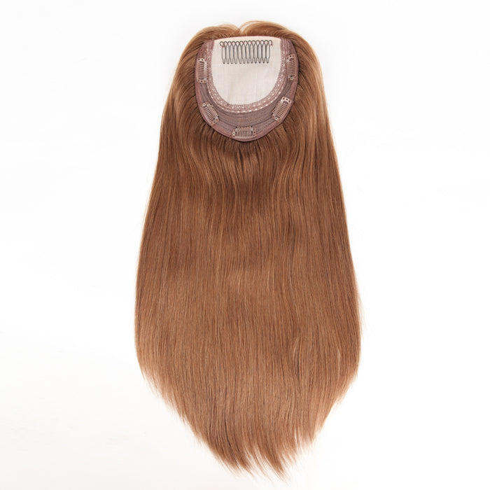 Stock European Brown Straight Double Drawn Wefted Human Hair Silk Top Topper