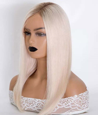 Stock Full Lace European Rooted White Blonde Straight Human Hair Mono Top Wig