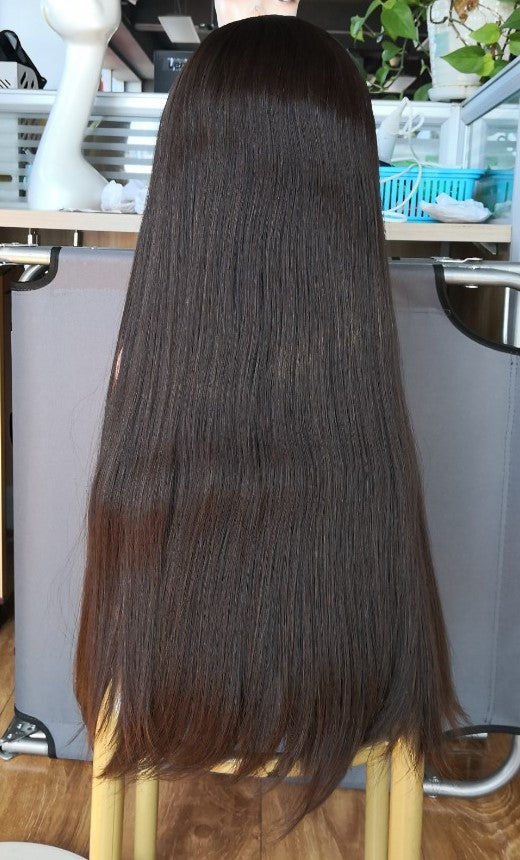 Stock European Brown Straight, Slight Layer Human Hair Jewish Wig 30" with Silk Top 150% Density